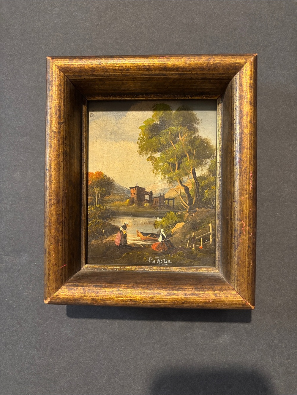 Gold Framed Riverside Landscape Wall Art oil painted on copper